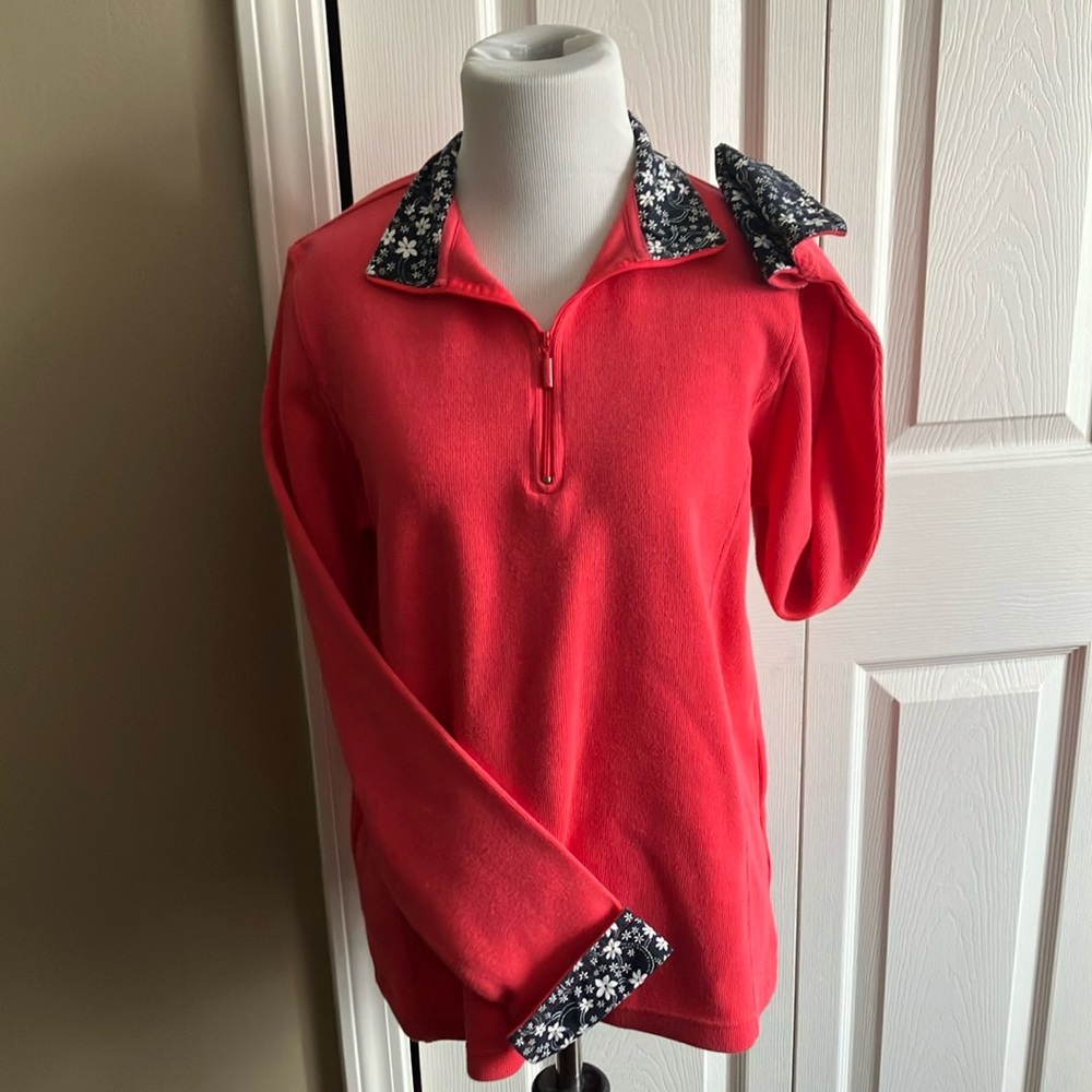 Orvis Orange Sweater with Black/White Floral Accents